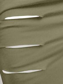 SHEIN Ladies' Short Sleeve Dress With Drawstring Waist, High Slit Hem And Ripped Details - Olive Green - View 4