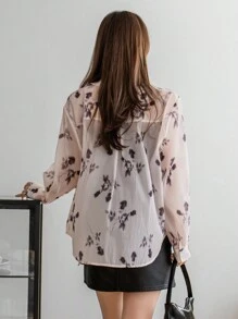 DAZY 女式宽松印花基本款透明衬衫，秋季女装长袖上衣 - 米色 - 查看 5