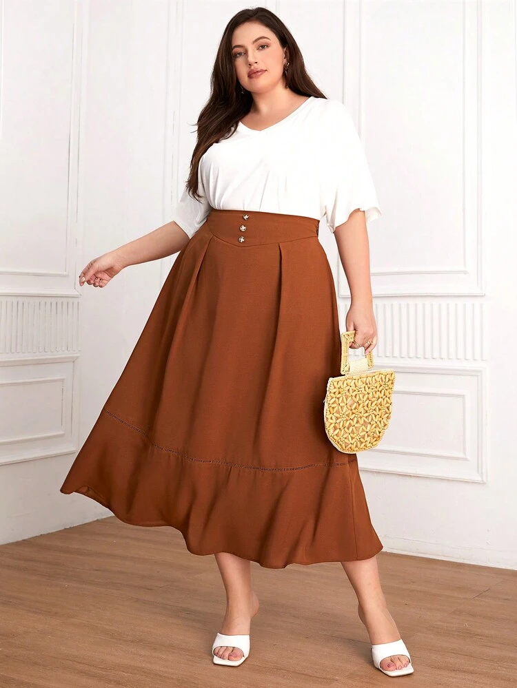 Plus Size Button Detailing Ruffle Hem Pleated Skirt