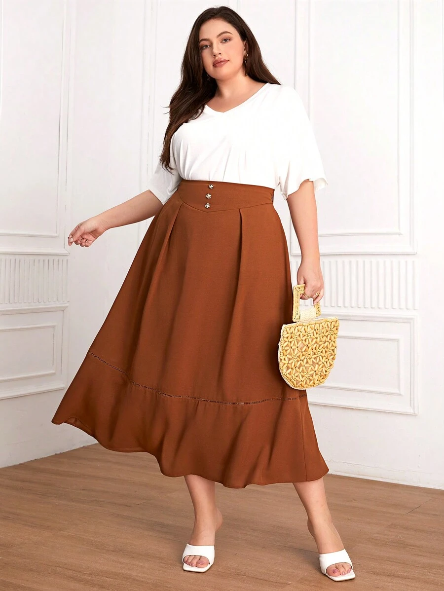 Mulvari Plus Size Button Detailing Ruffle Hem Pleated Skirt - Brown - View 1
