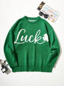 Manfinity EZcore Men's Plus Size Letter Pattern Drop Shoulder Round Neck Sweater