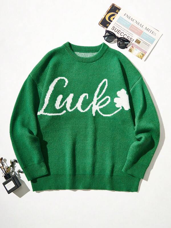 Manfinity EZcore Men's Plus Size Letter Pattern Drop Shoulder Round Neck Sweater