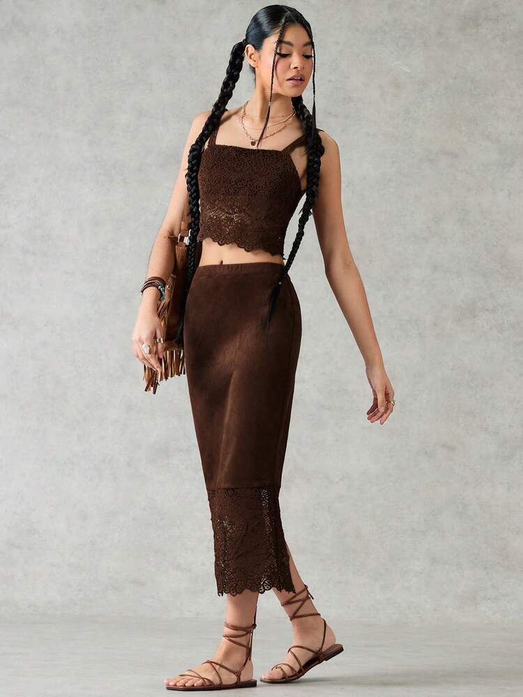 Women's Splice Lace Camisole Top And Mermaid Skirt Set