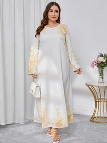 Mulvari Kích thước lớn Lỏng lẻo phù hợp Giải trí In Vòng cổ Đầm - trắng - Xem 4