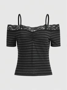 ROMWE Fairycore Striped Contrast Lace Cold Shoulder Tee, School - Multicolor - View 1