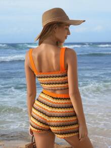 SHEIN VCAY Vacation Contrast Color Embroidery Detail Vest And Shorts Two Pieces Short Set - Multicolor - View 4