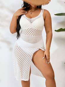 SHEIN Swim Curve 大码女式镂空开衩下摆罩衫连衣裙 夏季 - 白色 - 查看 1
