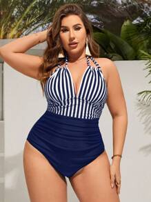 Swim Lushoire Plus Size Striped Halterneck Monokini With V-Neck, Beach Outfit Bathing Suit Summer,Summer Beach - Navy Blue - View 6