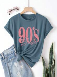 INAWLY Plus Size Women's Round Neck Short Sleeve T-Shirt With Letter Print Graphic Tees Women Tops