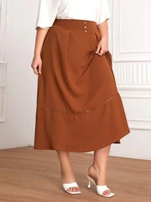 Mulvari Plus Size Button Detailing Ruffle Hem Pleated Skirt - Brown - View 5