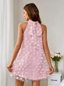 SHEIN Privé 花卉 3d 布料網狀掛脖連身裙 - 粉色 - 查看 2