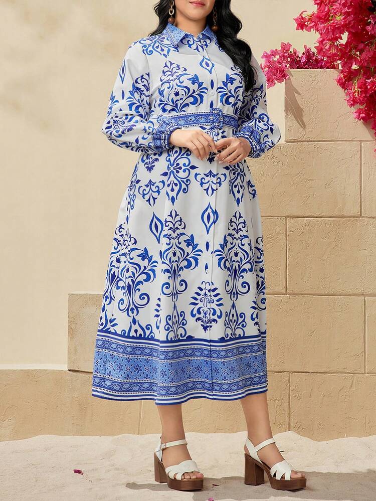 Plus Size Women's Floral Print Long Sleeve Shirt For Arabic Clothes