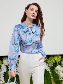 MOTF PREMIUM SILK FLORAL PRINT TIE NECK BLOUSE - Multicolor - View 6