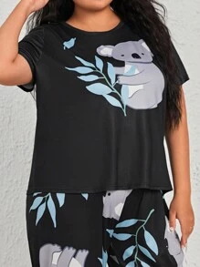 Plus Size Koala And Plant Print Pajama Top