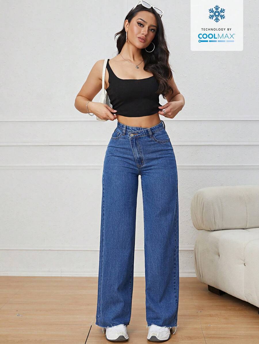 EMERY ROSE Jeans Rectos Casuales Con Bolsillo Inclinado En La Cintura Asimétrica Coolmax - Azul lavado medio - Ver 1