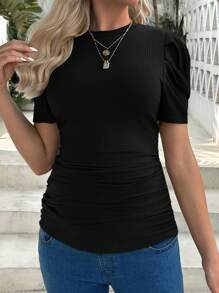 SHEIN Maternity Elegant Bubble Sleeve Round Neck Slim Solid Color T-Shirt For Work - Black - View 3