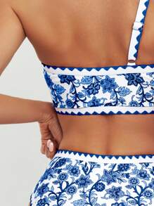 Costavie Ensemble de bikini floral à blocs de couleurs avec bordure contrastée, maillot de bain deux pièces pour tenue de plage CLEAN FIT, vacances d'été, plage d'été - Bleu et Blanc - Voir 4
