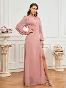 SHEIN Belle Vestido De Dama De Honor Para Adultos Con Mangas Abullonadas, Diseño De Abertura Y Pliegues En La Parte Superior Del Cuerpo - Rosa vieja - Ver 4