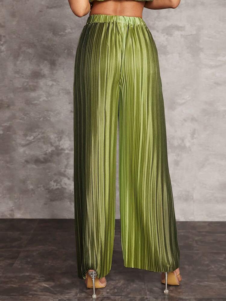 Spring And Summer Holiday Green Gradient Gathered Pleated Elastic Waistband Women's Wide-Leg Trousers