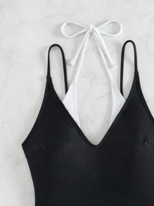 SHEIN Swim 女士二合一拼色高开叉连体泳衣 夏季 - 黑與白 - 查看 6