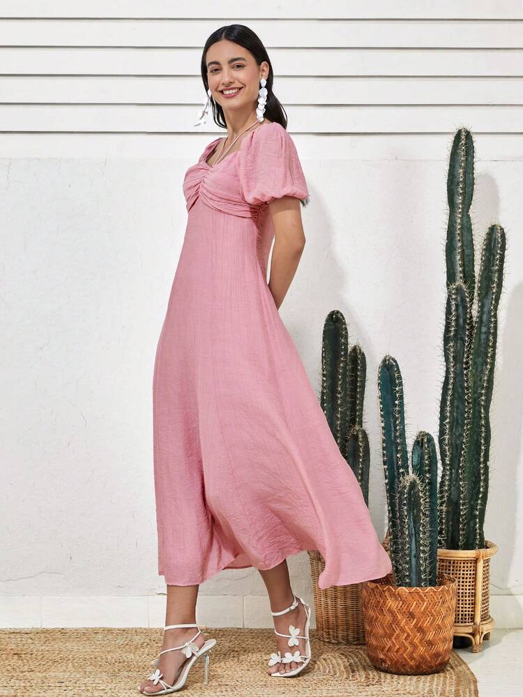Women'S Puff Sleeve Pleated Bubble Hem Dress