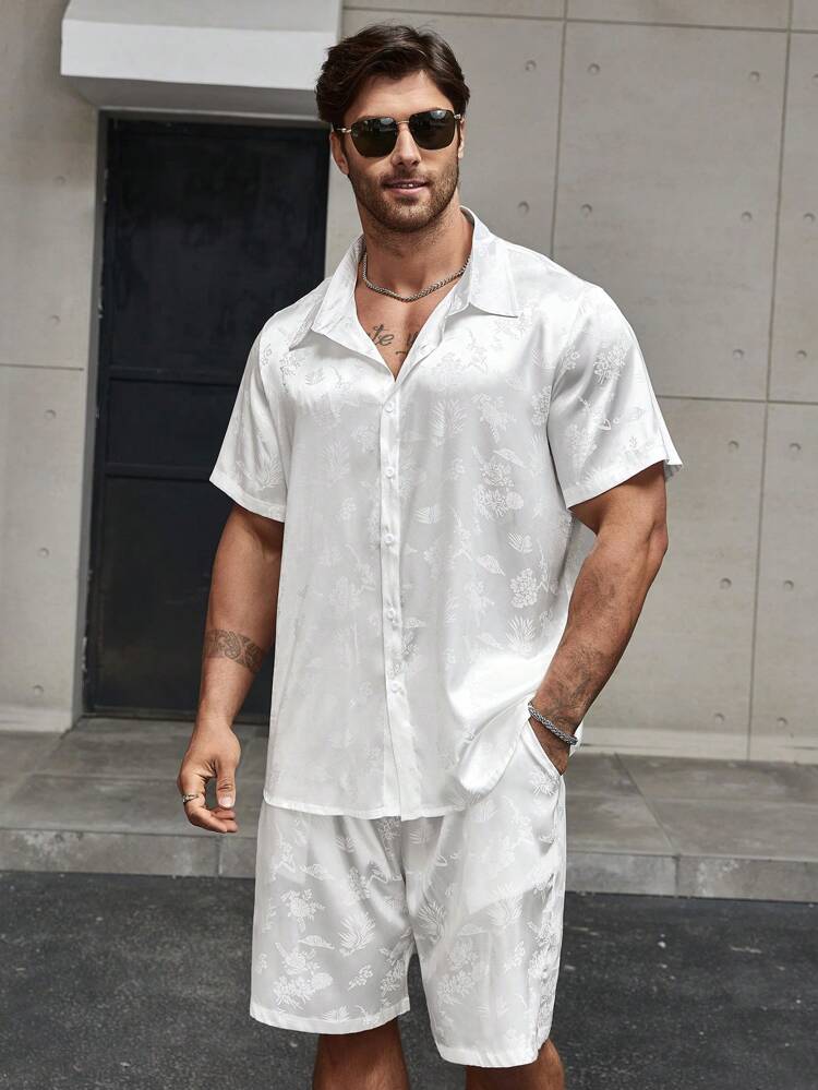 Men's Plus Size Jacquard Shirt And Shorts Set
