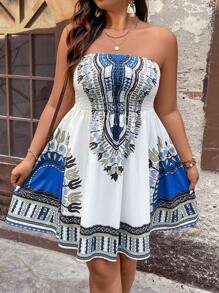 Breezaya 大尺碼女性印花無肩度假裙 - 彩色 - 查看 1