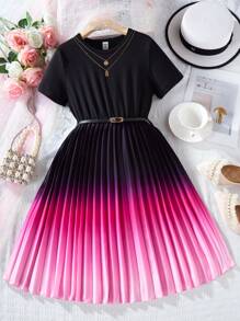 SHEIN Tween Girl Ombre Pleated Hem Dress With PU Belt, Suitable For Daily Wear And Casual Occasions