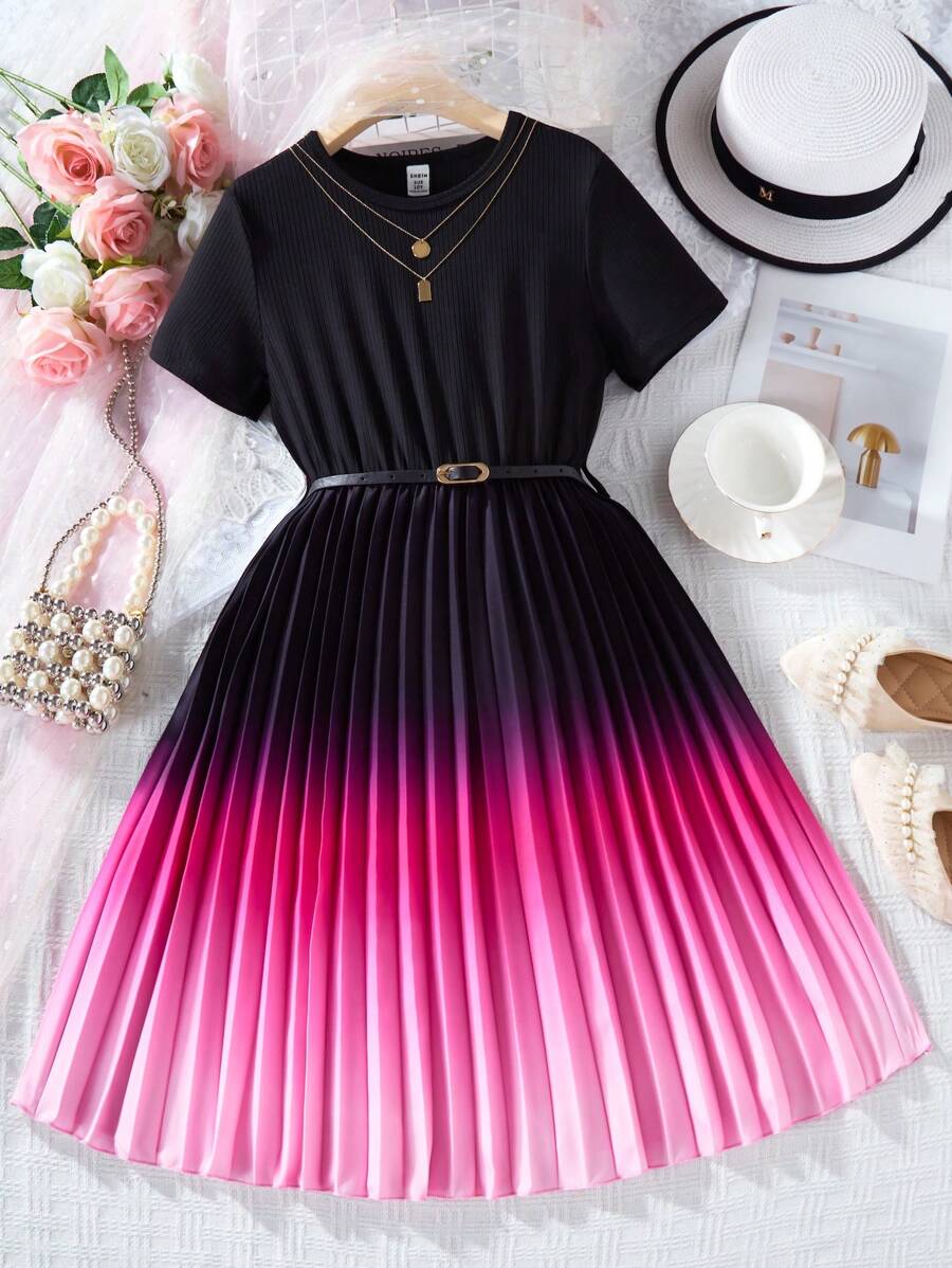 SHEIN Tween Girl Ombre Pleated Hem Dress With PU Belt, Suitable For Daily Wear And Casual Occasions