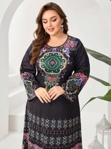 Al Najma Plus Size Women's Floral Printing Round Neck Long Sleeve Arabian Clothing - Black - View 6