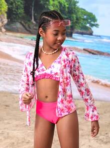 Tween Girls' Floral Printed Bikini Set With Ruffled Hem + Bell-Sleeve Sun Protection Kimono Cover-Up - Multicolor - View 4