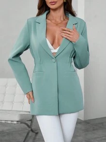 GENKIRA Solid Color Lapel Collar Single Breasted Cinching Waist Blazer Fall Cloth For Women - Blue - View 3