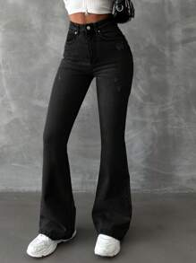 EURMUSE 98%Cotton Solid Color Slanted Pocket Casual Flared Jeans - Dark Wash - View 4