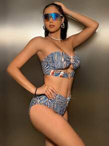 Swim EVENT Holographic Print Bikini Set With Circular Detailing And Strapless Top, Bandeau Bikini Set Bathing Suit Beach Outfit Music Festival Summer Vacation Summer Beach - Multicolor - View 5
