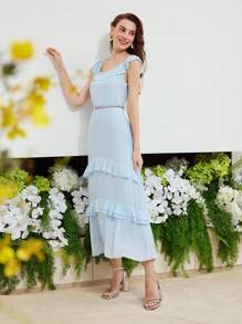 MOTF PREMIUM SILK SOLID LAYERED RUFFLE HEM DRESS - Baby Blue - View 7