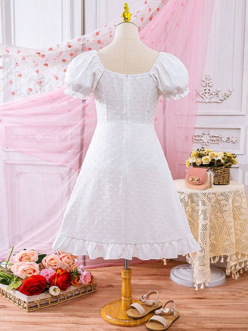 Teen Girl Solid Color Woven Sweet Ruffle Bubble Sleeve Square Neck Dress