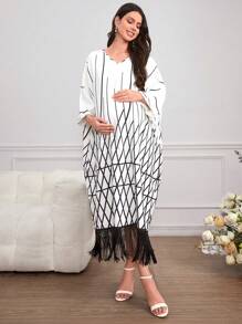 Momance Vestido floral suelto con cuello en V, mangas 3/4 y bajo en línea A con flecos para maternidad - Blanco y Negro - Ver 3