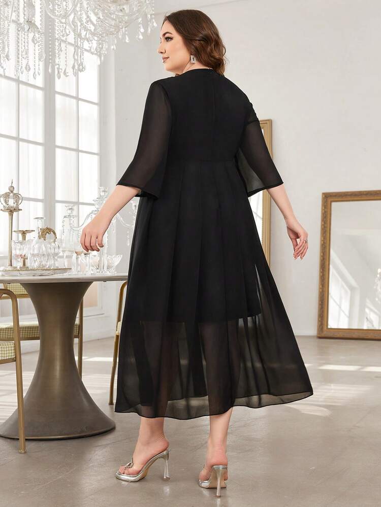 Plus Size Color Block Beaded Decor Pleated Dress