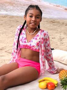 Tween Girls' Floral Printed Bikini Set With Ruffled Hem + Bell-Sleeve Sun Protection Kimono Cover-Up - Multicolor - View 5