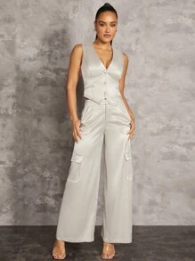 Silquee Màu Quả mơ Xa ten Cổ chữ V sâu Gợi cảm Co giãn Của phụ nữ Áo vest - Màu be - Xem 5