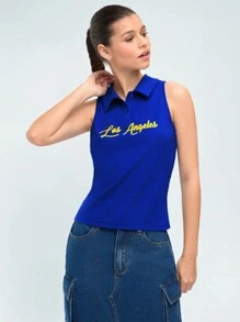 Forever 21 Collared Tank Top With Letter Print, Casual Style
