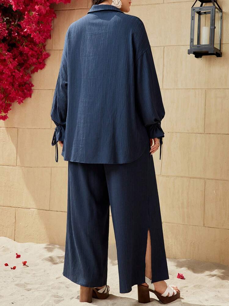 Women's Plus Size Textured Long Sleeve Shirt And Pants Two Pieces Set 2 Pieces Set