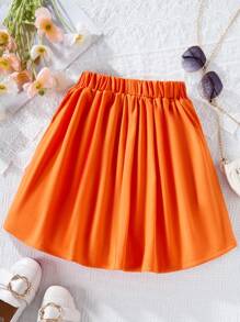 SHEIN Falda Plisada De Color Sólido Para Niñas Preadolescentes - Naranja Quemada - Ver 2