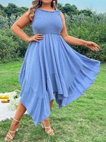Flirla Plus Size Asymmetrical Ruffle Hem Vacation Beach  Dress - Blue - View 5