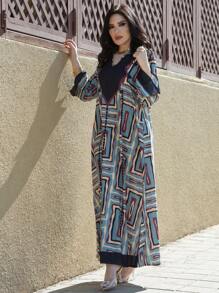 Al Najma Women's Loose Fit Printed Notched Collar Dress With Flared Sleeves, Modest Full Length Casual Jalabiya - Multicolor - View 2