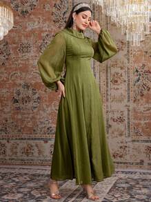 Modelyn Solid Color Round Neck Lantern Sleeve Cinching Waist Dress - Green - View 5