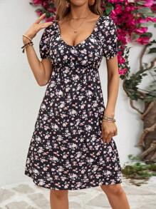 SHEIN VCAY Women's Ditsy Floral Print Cinching Waist Dress