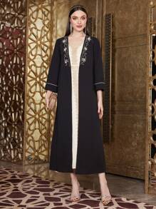 Layrah 女士朴素全长长袍阿巴亚，带水钻装饰，适合节日/聚会的穆斯林时尚阿巴亚，优雅奢华的晚会风格 - 黑色 - 查看 4