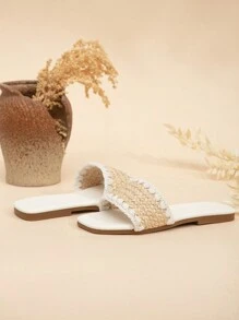 女童時尚編織扁平涼鞋 - 杏色 - 查看 3