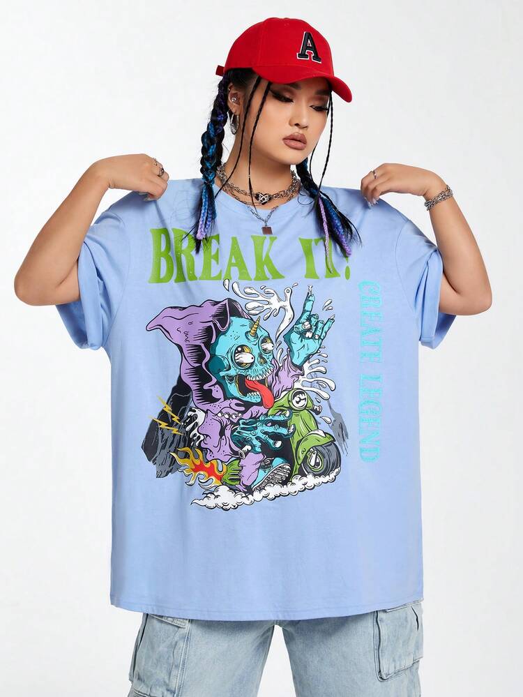 Women'S Plus Size Cartoon And Letter Print Short Sleeve T-Shirt
